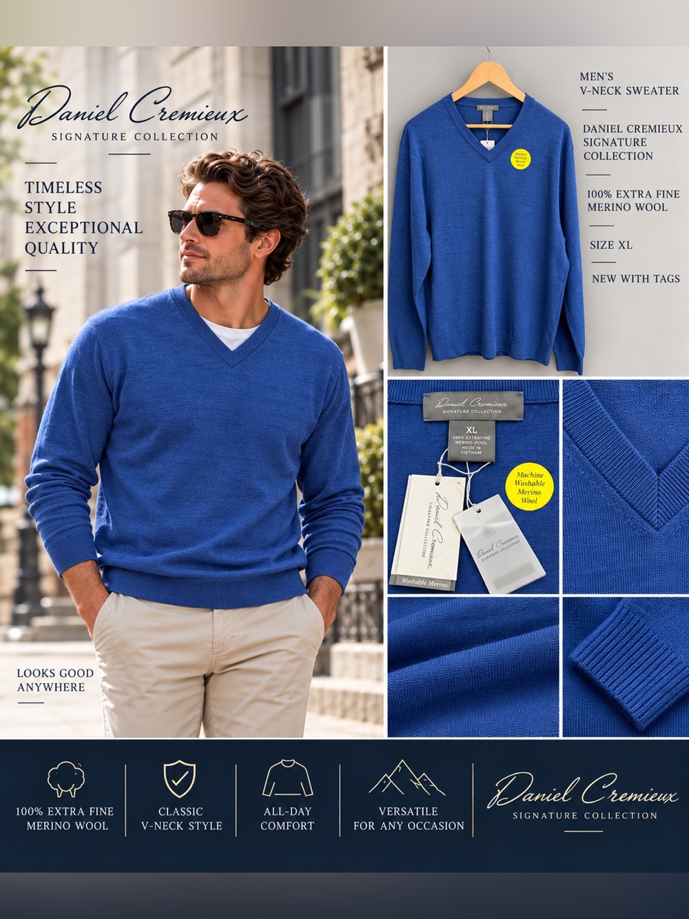Daniel Cremieux Signature Men’s Blue V-Neck 100% Extra Fine Merino Wool Sweater